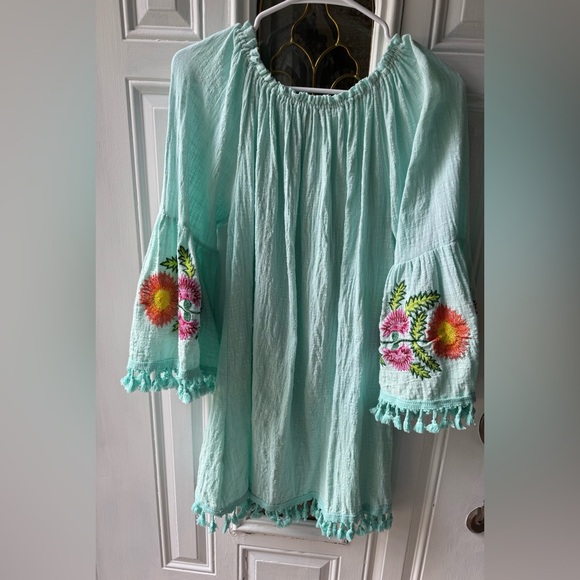 Velzera NWT Off The Shoulder Embroidered Yellow Tassel Summer Dress Tunic Size L - Picture 10 of 12